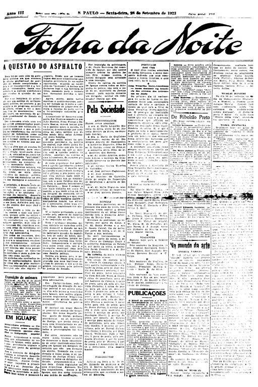 Primeira Página da Folha da Noite de 29 de setembro de 1923