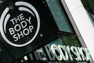FILE PHOTO: The logo of British cosmetics and skin care company The Body Shop is seen outside a store in Vienna