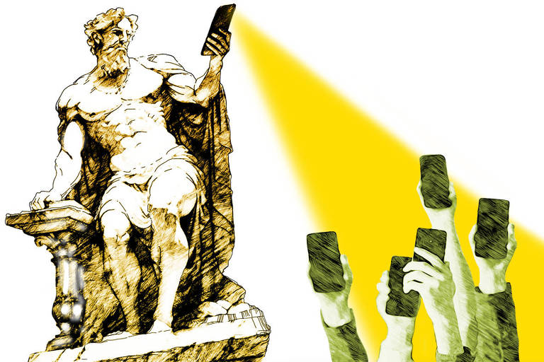 Na ilustração de Ariel Severino, na esquerda, o desenho de uma escultura greco-romana (similar ao Moisés de Miguel Angelo) estende o braço esquerdo com um celular na mão. Do celular parte um feixe de luz amarela, para a direita da ilustração, que ilumina uma série de braços, em tons esverdeados, estendidos para o céu e segurando celulares nas mãos.