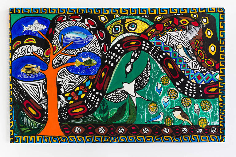 Pintura acrílica sobre tela de Kássia Borges & Ibã Huni Kuin, do coletivo indígena Mahku, de 2022
