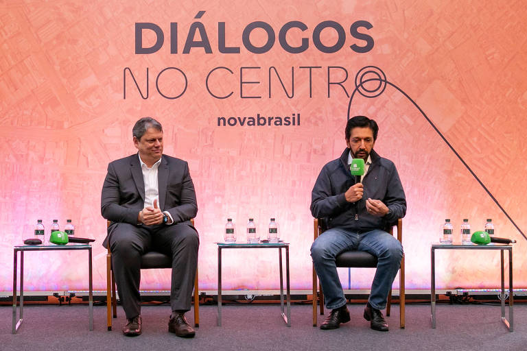 O governador Tarcísio de Freitas e o prefeito Ricardo Nunes participam de debate sobre o centro de Sâo Paulo nesta terça (29) na biblioteca Mário de Andrade