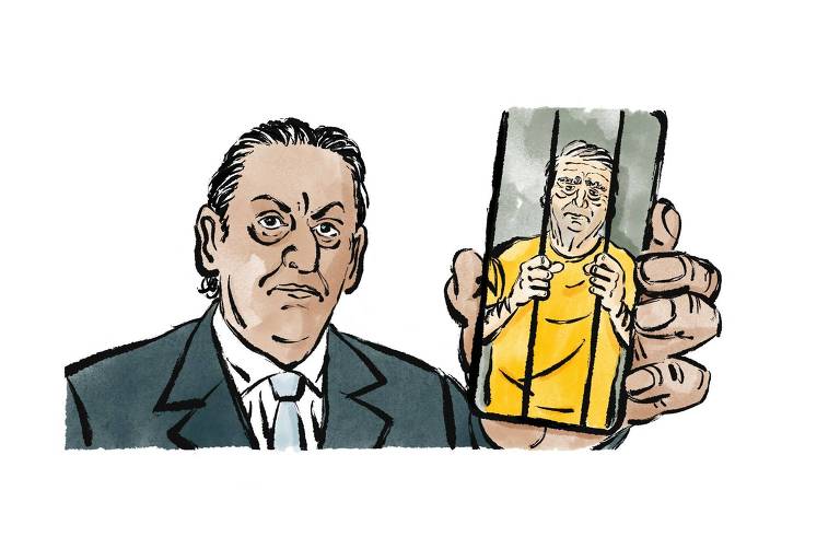 Na charge, o advogado Frederick Wassef de terno e gravata segura um celular que mostra o ex presidente Jair Bolsonaro atrás das grades.
