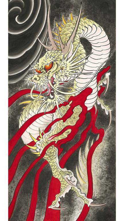 Exemplo de estilo oriental de tatuagem, na ilustração de William Yoneyama