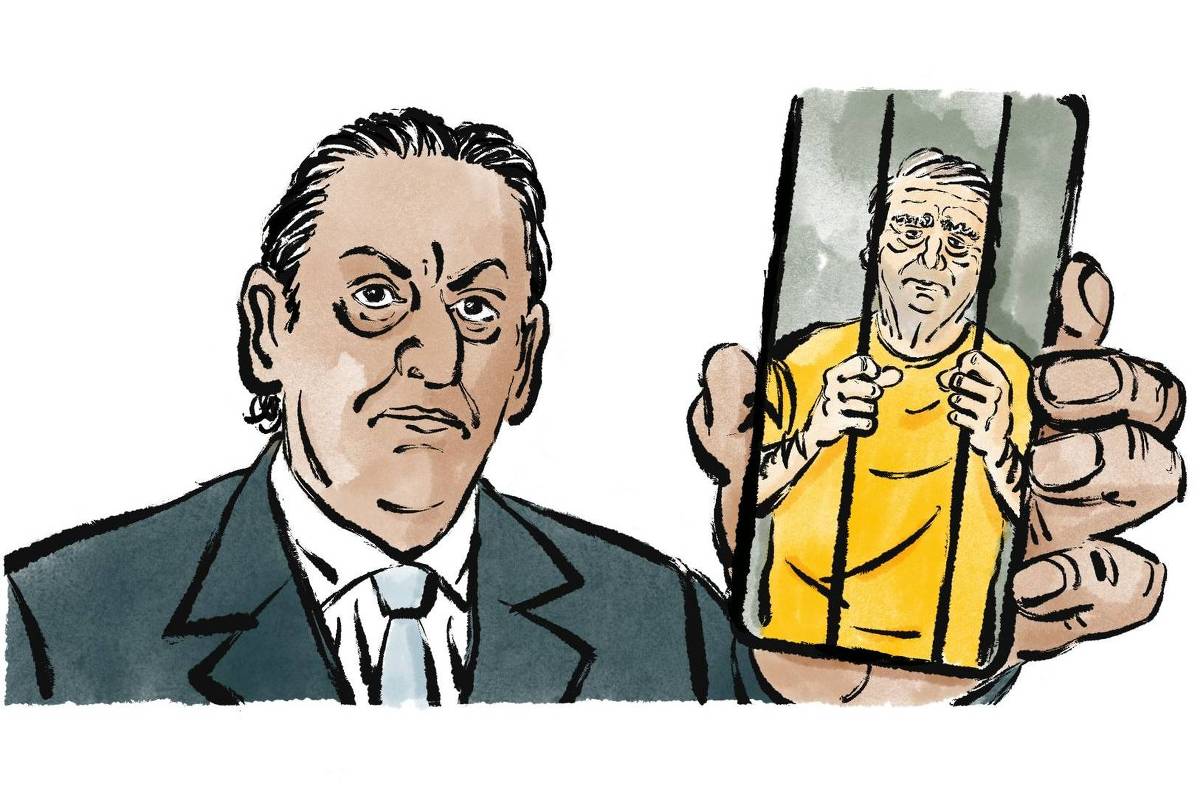 Na charge, o advogado Frederick Wassef de terno e gravata segura um celular que mostra o ex presidente Jair Bolsonaro atrás das grades.