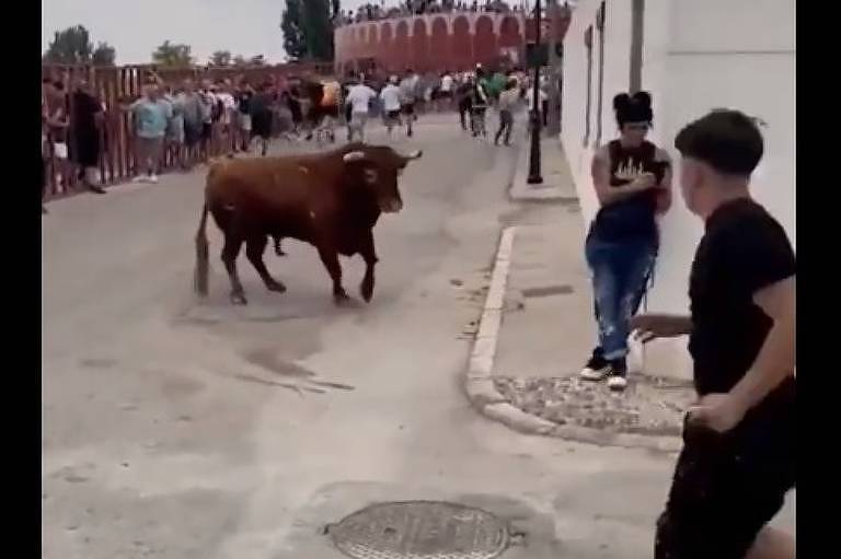 Mulher leva chifradas de touro na Espanha