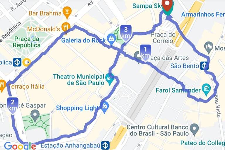 Mapa do circuito dos mais altos roof tops do centro de São Paulo