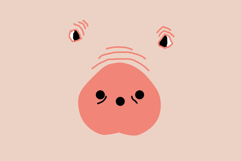 Sobre um fundo rosa claro há um nariz de porco grande e sobre esse nariz há três furos como uma tomada brasileira. Acima do nariz estão os olhos do porco.