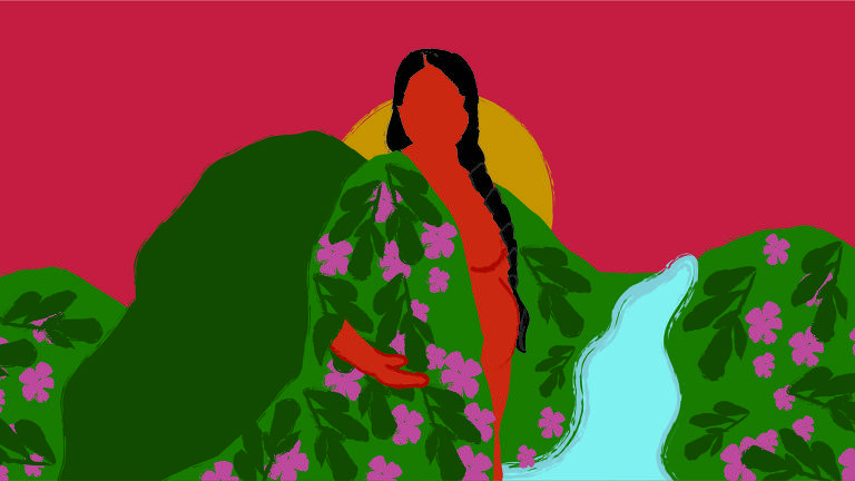 A ilustração traz ao centro a representação de Pachamama. É uma figura feminina e gestante, ela tem cabelos negros, longos e trançados sobre um dos ombros, em seu outro ombro está um manto de folhas e flores de onde se originam montanhas floridas ao seu redor.