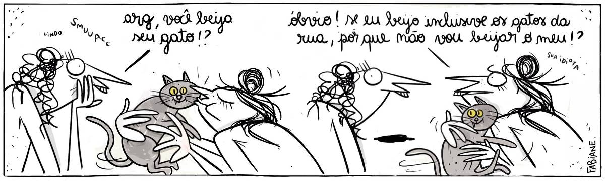 A tira Viver Dói, de Fabiane Langona, publicada em 01/09/2023 mostra uma moça abraçando e beijando afetuosamente um gato cinza, que aparenta estar muito contente com o carinho recebido. Enquanto isso, outra moça observa, com expressão impactada. No quadro seguinte, a moça que observa mostra-se incrédula, enquanto a personagem que beijava o gato segura o animal com ainda mais força e responde com olhar raivoso. No quadrinho 1, a personagem que beija o gato, diz: "Lindo, smuacc". Enquanto a personagem que observa diz: "Arg, você beija seu gato!!??". No quadrinho 2, a personagem que beija o gato, responde: Óbvio, se eu beijo inclusive os gatos da rua, por que não vou beijar o meu!? Sua idiota". 