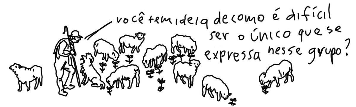 A tirinha em preto e branco de Estela May, publicada em 01/09/23, traz um pastor falando com seu cachorro e ovelhas. Ele diz “você tem ideia de como é difícil ser o único que se expressa nesse grupo?”