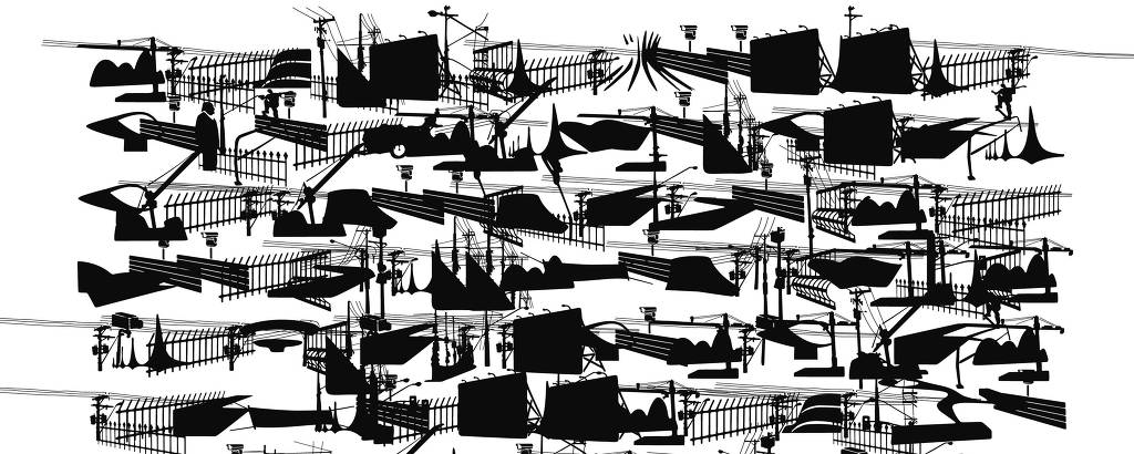 ilustração em preto e branco mostra diversos prédios modernistas postos um ao lado do outro