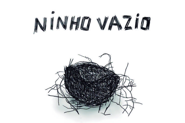 Luiza Pannunzio desenhou um ninho de pássaros vazio e acima dele em letras como se feitas de pequenos gravetos escreveu: NINHO VAZIO.