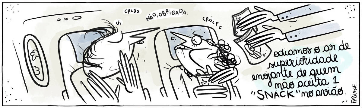 A tira Viver Dói, de Fabiane Langona, publicada em 02/09/2023 e intitulada "Odiamos o ar de superioridade enojante de quem não aceita um 'SNACK' no avião", mostra a parte interna de um avião, onde duas pessoas encontram-se lado a lado em seus respectivos assentos. Vemos as mãos de uma aeromoça estendidas, na qual vemos pacotinhos de alimento sendo oferecido aos passageiros. Enquanto um personagem, com expressão esnobe recusa os pacotes, outro, de boca cheia e mastigando e babando, observa-o com ranço. No quadrinho 1, o personagem que recusa os pacotes, diz: "Ui", "Credo", "Não, obrigada". O personagem ao lado mastiga de boca cheia e resmunga: "Crólfg". 