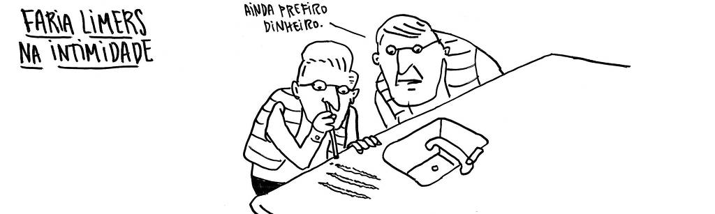 A tirinha de André Dahmer, publicada em 04/09/2023, tem apenas um quadro. Nele, dois homens brancos, de óculos, cheiram cocaína em um banheiro. A legenda diz: "Faria Limers na intimidade". Um dos homens, observando o outro usar a droga, dia: "Ainda prefiro dinheiro".
