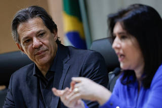 Brazil's Finance Minister Haddad and Brazil's Planning and Budget Minister Tebet attend a press conference in Brasilia