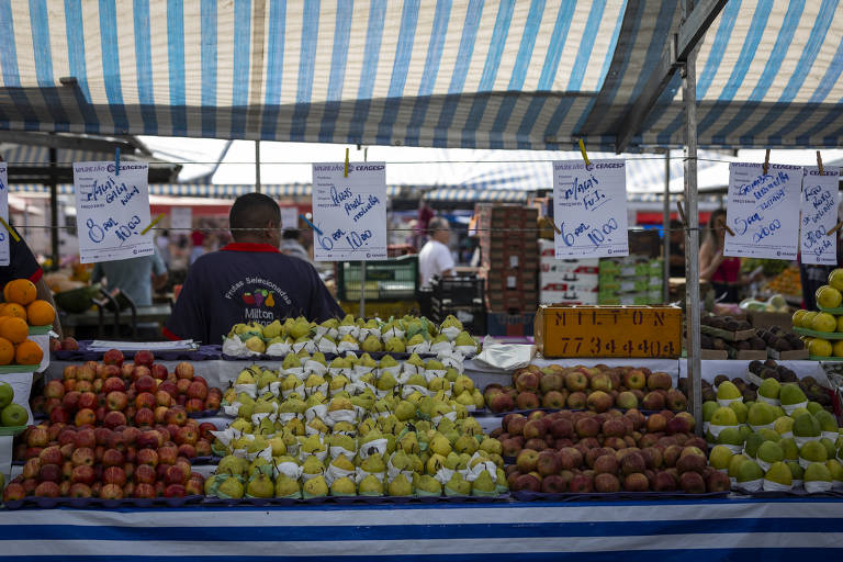 Imagem mostra bancas cheias de frutas, como maçã e pêra, em uma feira.