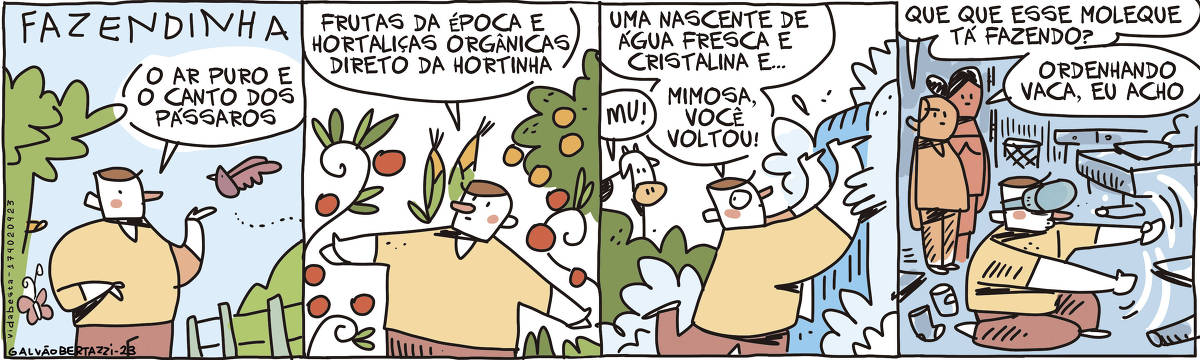 Tirinha colorida com quatro quadros chamada "Vida Besta". No primeiro quadro, está escrito "Fazendinha". Nos três primeiros quadros, uma pessoa contempla a natureza e bebe água fresca de uma nascente. No último, numa sala em tons de cinza, a mesma pessoa está com óculos de realidade aumentada fazendo gestos no ar e outras duas pessoas conversam sobre a cena. O diálogo é "Que que esse moleque tá fazendo?", respondido por "Ordenhando vaca, eu acho".
