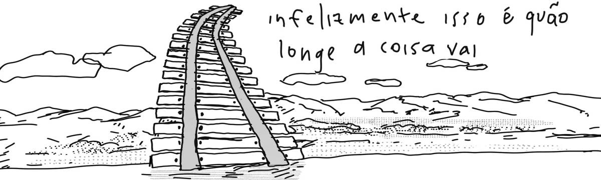A tirinha em preto e branco de Estela May, publicada em 04/09/23, traz um trilho que se levanta do chão em direção ao céu, mas termina em determinado ponto. No lado direito, “infelizmente isso é quão longe a coisa vai”