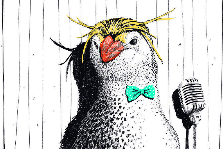 A ilustração de Adams Carvalho, publicada na Folha de São Paulo no dia 03 de Setembro de 2023, mostra o desenho um pinguim com uma gravata borboleta frente à um microfone.