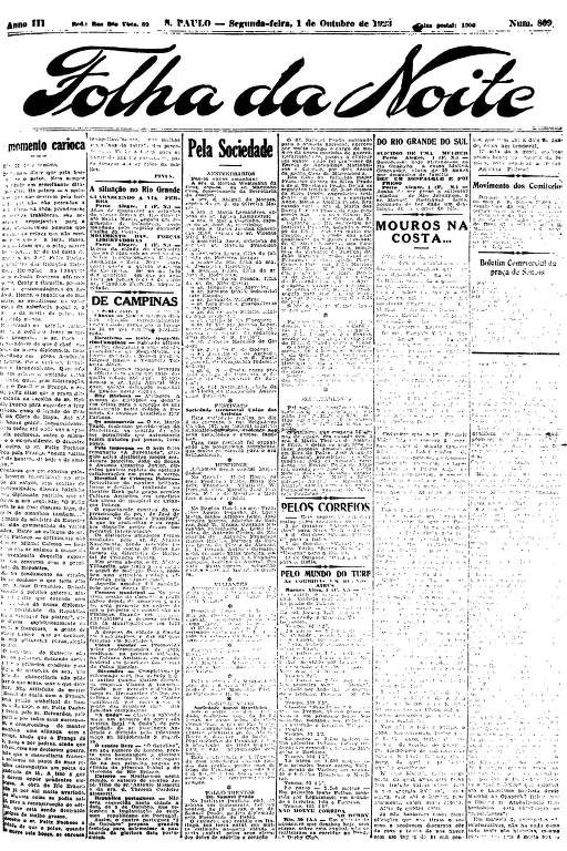 Primeira Página da Folha da Noite de 1º de outubro de 1923