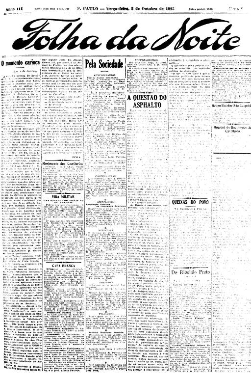 Primeira Página da Folha da Noite de 2 de outubro de 1923