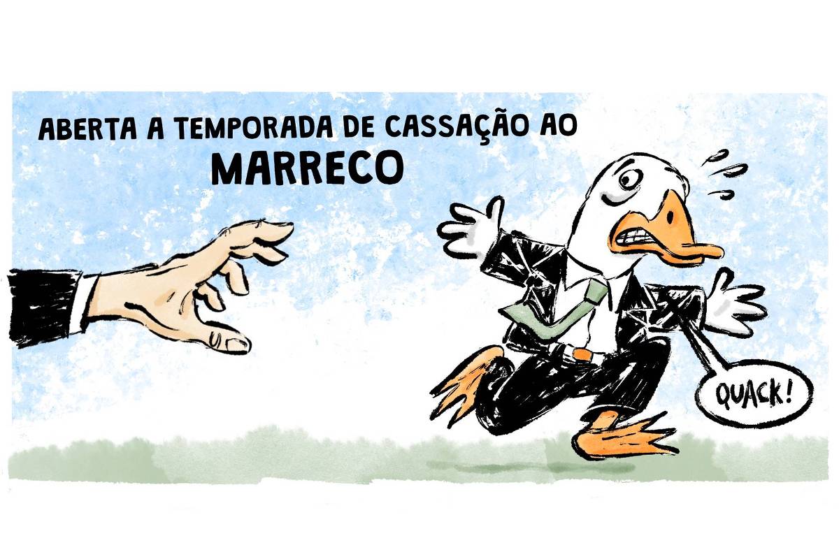 Charge de Leandro Assis e Triscila Oliveira com o título "Aberta a temporada de cassação ao marreco” mostra a mão de um homem tentando alcançar um marreco vestido de terno preto e gravata verde, que corre assustado. O marreco diz: "Quack!".