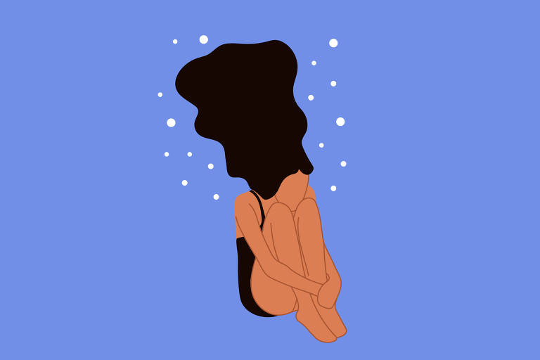 Ilustração de uma garota dentro d'água. Ela aparece bem no meio da cena, é branca, usa um maiô preto e tem longos cabelos pretos. Está encolhida, com os braços envolvendo as pernas dobradas.