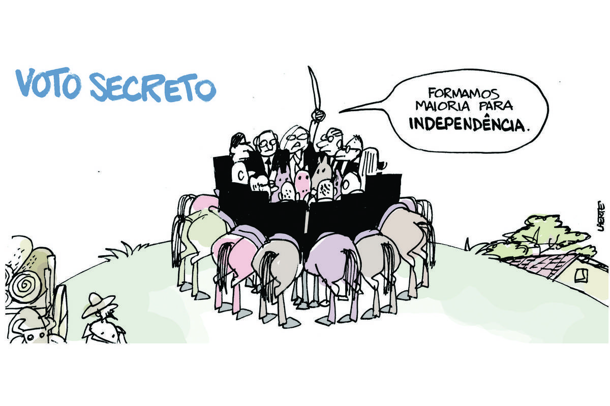 Na charge de Laerte, sob o título: “VOTO SECRETO”, os 11 juizes do STF estão montados em cavalos, num cenário de campo, em referência ao quadro “Independência ou Morte”, de Pedro Américo.  Há o detalhe de uma casinha rural, ao fundo, e a presença parcial do boiadeiro e seu carro de bois carregando troncos, no canto esquerdo inferior.  Os ministros estão num círculo fechado, com os cavalos agrupados em círculo, o mais fechado possível. A ministra Rosa Weber ergue uma espada e diz: “Formamos maioria para INDEPENDÊNCIA”.