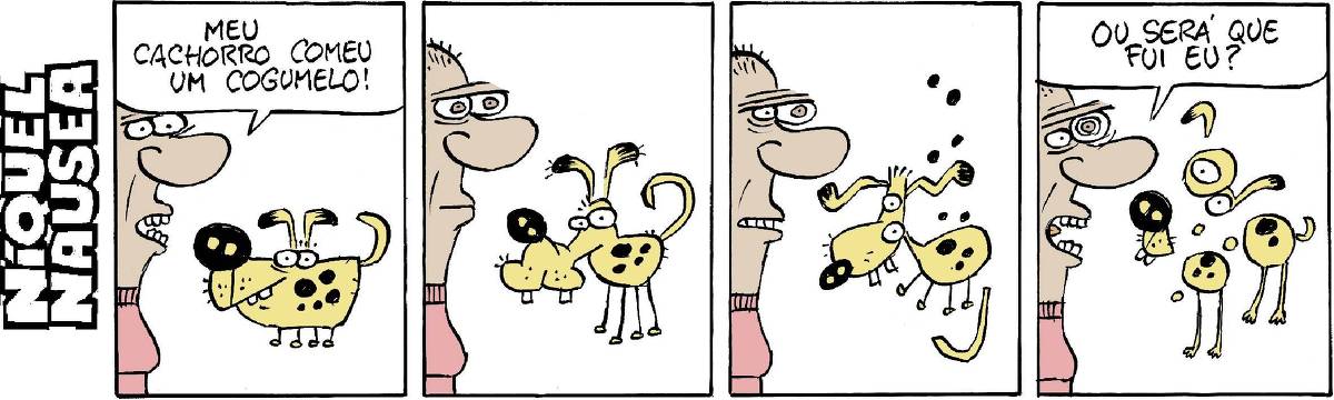 A tira tem 4 quadrinhos O primeiro quadrinho mostra um homem em close e um cão ao seu lado. O homem diz: meu cachorro comeu um cogumelo! No segundo, o homem tem os olhos espantados e o cão vai se transformando e seu focinho está igual ao do Pateta, personagem do Disney. No terceiro, o cão está mais transformado e seus olhos estão na vertical e as pintas que ele possui saíram do pelo e flutuam no espaço. Os olhos do homem estão mais espantados. No quarto quadrinho, o homem tem os olhos em formato de espiral, a boca aberta. O cão está separado em partes. E o homem diz: Ou será que fui eu?
