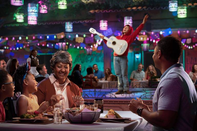 No navio Disney Treasure há um jantar na Plaza de Como, com apresentações musicais dos personagens do filme 'Viva- A Vida é uma Festa'