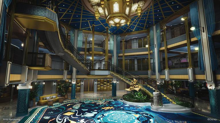 O grande salão do Dinsey Treasure, inspirado em 'Aladdin'