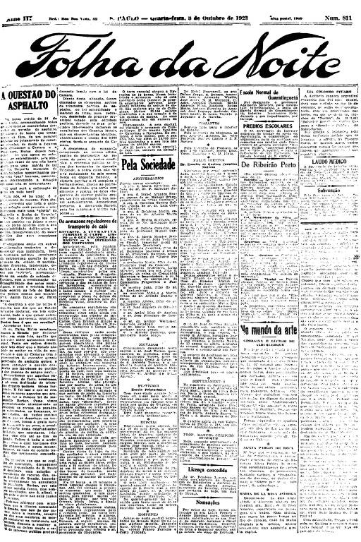 Primeira Página da Folha da Noite de 3 de outubro de 1923