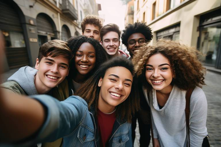 Retrato de um grupo de estudantes do ensino médio olhando para a câmera depois da escola