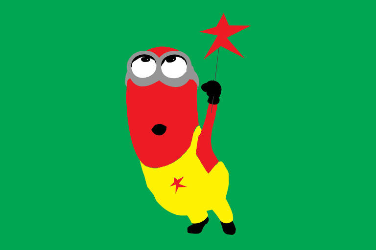 Sobre um fundo verde há um minion vermelho com macacão amarelo olhando para cima e segurando uma varinha com uma estrela vermelha apontando para o alto.