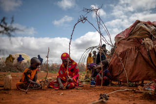 A girl and her niece build a tent from sticks and rags on the edge of Baidoa, where tens of thousands of people fled to amid the country?s fiercest drought in 40 years, in southern Somalia, on Nov. 3, 2022.  (Andrea Bruce/The New York Times)