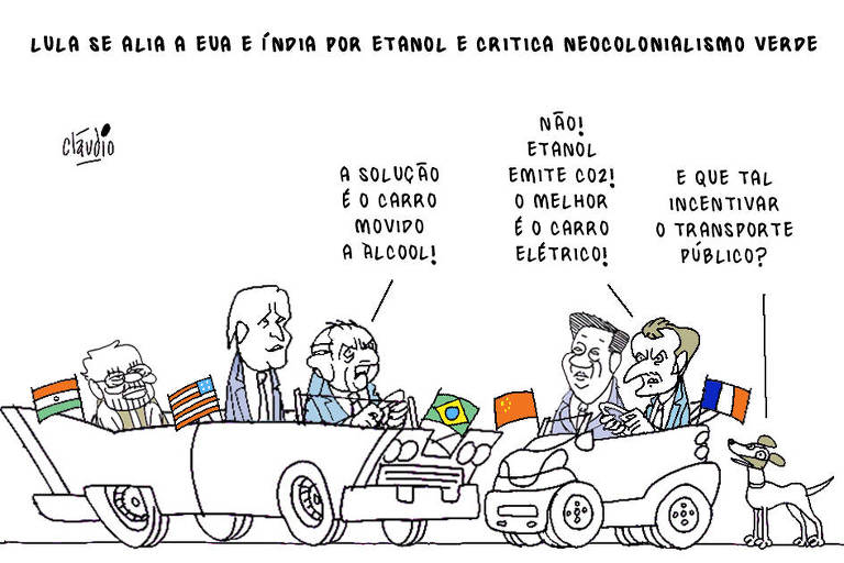 A charge tem título Lula se alia a EUA e Índia por etanol e critica o neocolonialismo verde. O desenho mostra Lula guiando um automóvel Simca Chambord, com o presidente dos Estados Unidos, Joe Biden, sentado no banco do carona. E no banco de trás está o primeiro-ministro da Índia, Narendra Modi. Na frente do veículo, em sentido oposto, há um carro Smart guiado pelo presidente da França, Emmanuel Macron, com o presidente chinês, Xi Jinping. Lula diz:  - A solução é o carro movido a álcool!  Macron rebate:  - Não! O etanol emite CO2! O melhor é o carro elétrico!  Atrás do carro de macron, na rua, um vira-lata pergunta:  - E que tal incentivar o transporte público?­­­