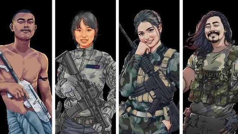 Quatro personagens do game, todos eles com armas e trajes de combate