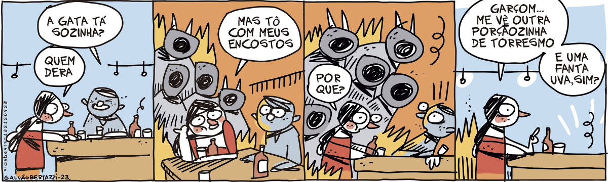 A tira de Galvão Bertazzi leva o título de Vida Besta. Ela é dividida em quatro quadros. No primeiro quadro temos uma moça encostada num balcão de bar, bebendo alguma coisa, quando chega um rapaz e pergunta: A gata está sozinha? Ela responde: Quem dera. No segundo quadro a moça continua: Mas tô com meus encostos. Atrás dela aparecem várias criaturas amorfas e sem rosto definido, algumas com chifre e pegando fogo. No terceiro quadro as criaturas avançam sobre o rapaz que fez a pergunta. Ele fica apavorado. A moça pergunta: Por que? No quarto quadro a moça volta a estar sozinha, apenas um foguinho permanece aceso atrás dela. Ela diz: Garçom... me vê outra porçãozinha de torrestmo. E uma fanta uva, sim?