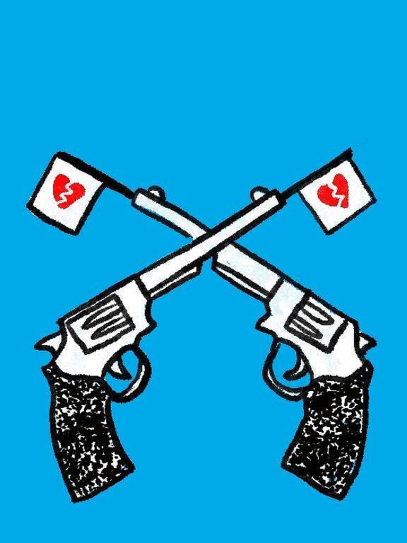 Desenhos de dois revólveres cruzados e atirando bandeirinhas com corações partidos.