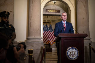 House Speaker Kevin McCarthy (R-Calif.) delivering remarks during a press briefing outside his office, in which he announced an impeachment inquiry into President Joe Biden in regard to his role in the business dealings of his son, Hunter Biden, on Capitol Hill in Washington on Tuesday, Sept. 12, 2023. (Haiyun Jiang/The New York Times)