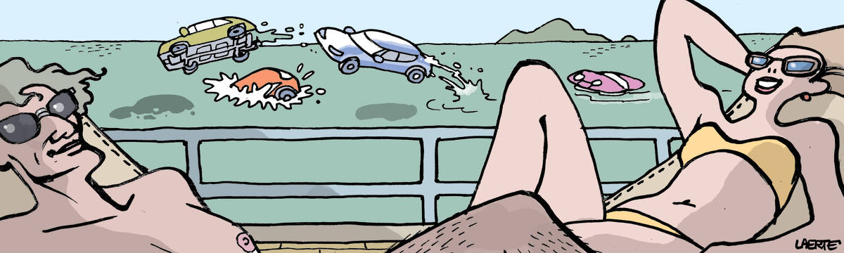 Na tira de Laerte, em uma única imagem: Em primeiro plano, um jovem casal toma sol no convés de um iate, cada um em sua espreguiçadeira, ela de biquini, os dois de óculos escuros. Ao fundo, o mar, uma ilha distante. Um cardume de automóveis nada e dá saltos fora d’água como se fossem golfinhos, acompanhando o percurso do iate.