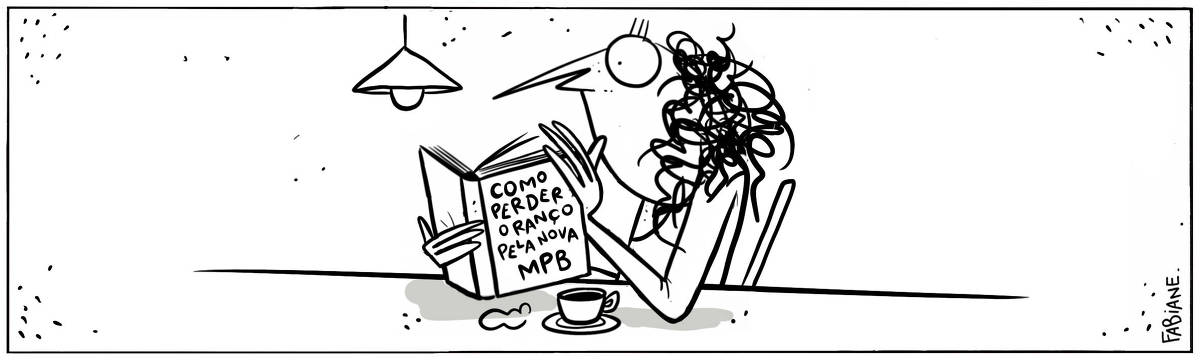 A tira Viver Dói, de Fabiane Langona, publicada em 14/09/2023, mostra uma moça sentada em uma espécie de balcão de lanchonete tomando café e lendo um livro. Ela parece absorta e concentrada. Na capa do livro, podemos ler o título, que diz: "Como se livrar do ranço pela nova mpb".