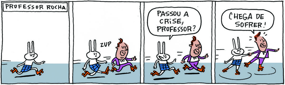 A tirinha PROFESSOR ROCHA, publicada em 14/09/2023, com 4 quadrinhos, traz o PROFESSOR ROCHA, homem branco, gordinho, calça e paletó roxos, camisa branca e cavanhaque,  com TATI MATISSE, uma coelhinha branca de orelhas compridas e saia azul. No quadrinho 1, Tati patina com seus patins. No quadrinho 2, ela é ultrapassada pelo sorridente professor, também de patins. No quadrinho 4, ela pergunta: Passou a crise, professor? No quadrinho 5, os dois rodopiam patinando e ele diz: Chega de sofrer!