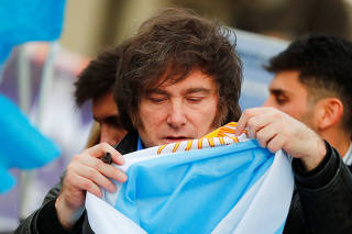 Argentine presidential candidate Javier Milei for La Libertad Avanza holds a campaign rally in La Plata