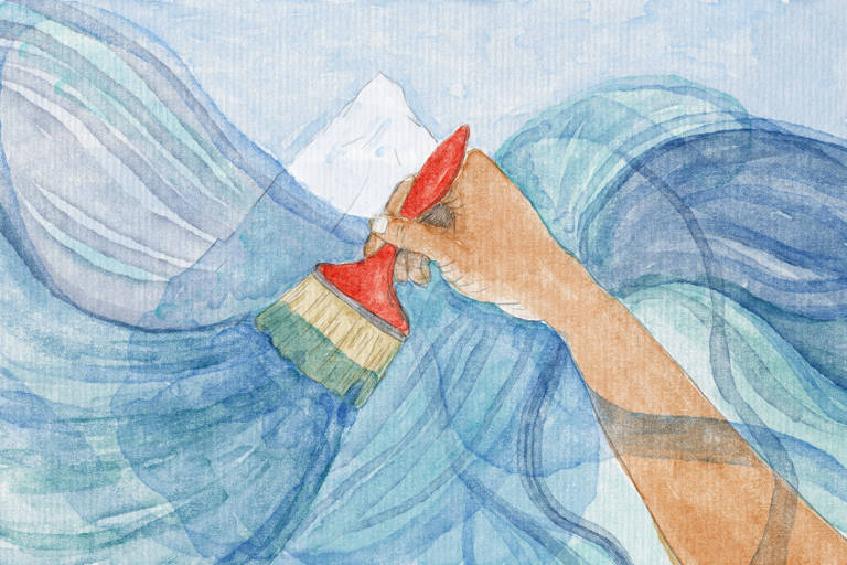 Arte ilustra uma mão segurando um pincel pintando de azul ondas sobre uma geleira branca