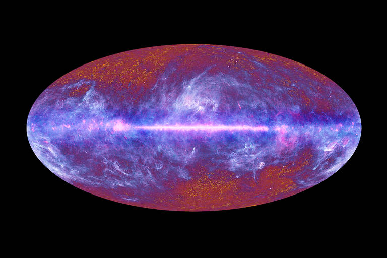 Uma imagem do céu completo da radiação cósmica de fundo em micro-ondas, feita a partir de dados coletados pelo satélite Planck da Agência Espacial Europeia, em 2010