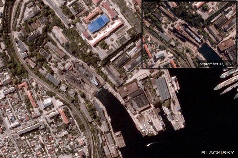 Imagens de satélite da empresa BlackSky mostram o navio Minsk e o submarino Roston-do-Don na doca seca em Sebastopol, intactos (destaque, no dia 12) e danificados (foto maior, no dia 13, após o ataque)