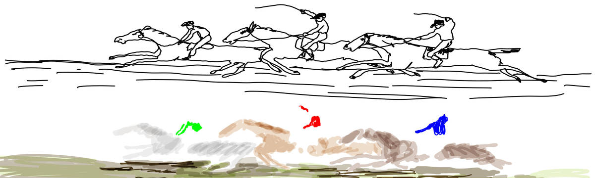  tirinha de Estela May, publicada em 15/09/23, traz o desenho traçado de 3 pessoas cavalgando, abaixo, a cor de suas roupas, dos cavalos e do chão.