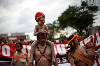 Indigenous people protest against Brazil's President Bolsonaro and for land demarcation in Brasilia