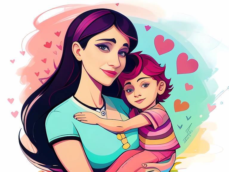 Ilustração de uma mãe segurando a filha no colo com corações ao redor